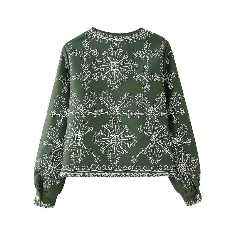 Sia | Bomber Jacket Green Embroidered Short Zip Up Cropped
