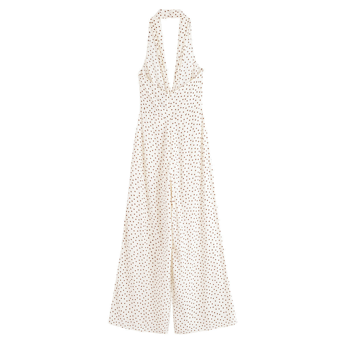 Alexandra | Halter Neck Wrap Bodice Deep V Gold Buckle Polka Dot Wide-Leg Jumpsuit in Cream