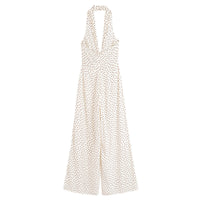 Alexandra | Halter Neck Wrap Bodice Deep V Gold Buckle Polka Dot Wide-Leg Jumpsuit in Cream