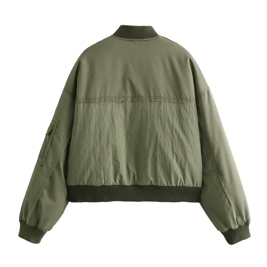 Freya | Casual Oversized Green Bomber Jacket Khaki Utility Zip Up