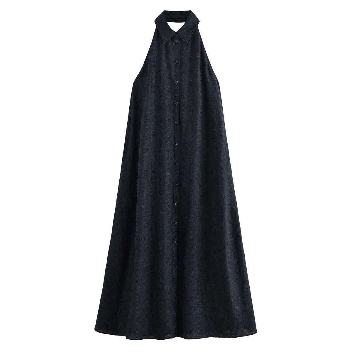 Rosa | Shirt Collar Halter Neck Button-Front Flowing Linen Maxi Dress