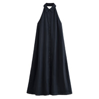 Rosa | Shirt Collar Halter Neck Button-Front Flowing Linen Maxi Dress