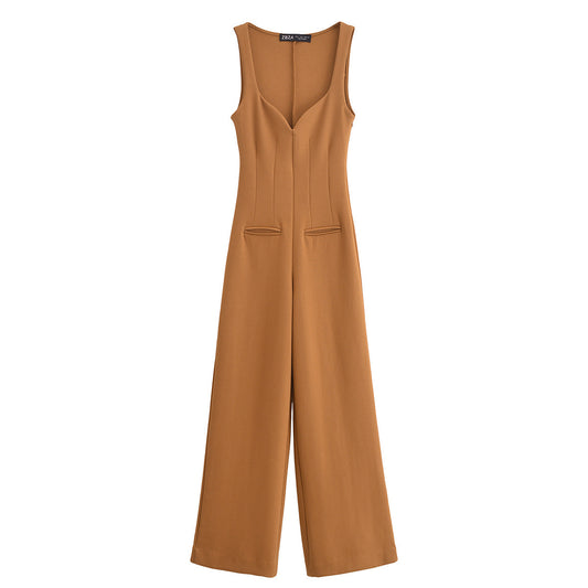 Luisa | Tailored Jumpsuit Brown Wide Leg V Neck