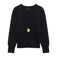 Ada | Deep V-Neck Gold Button Structured Shoulder Cropped Cardigan