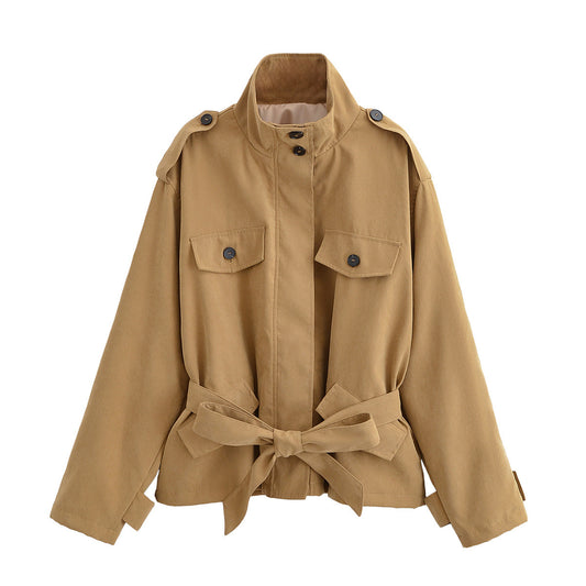 Margot | Belted Cropped Utility Jacket Camel High Neck