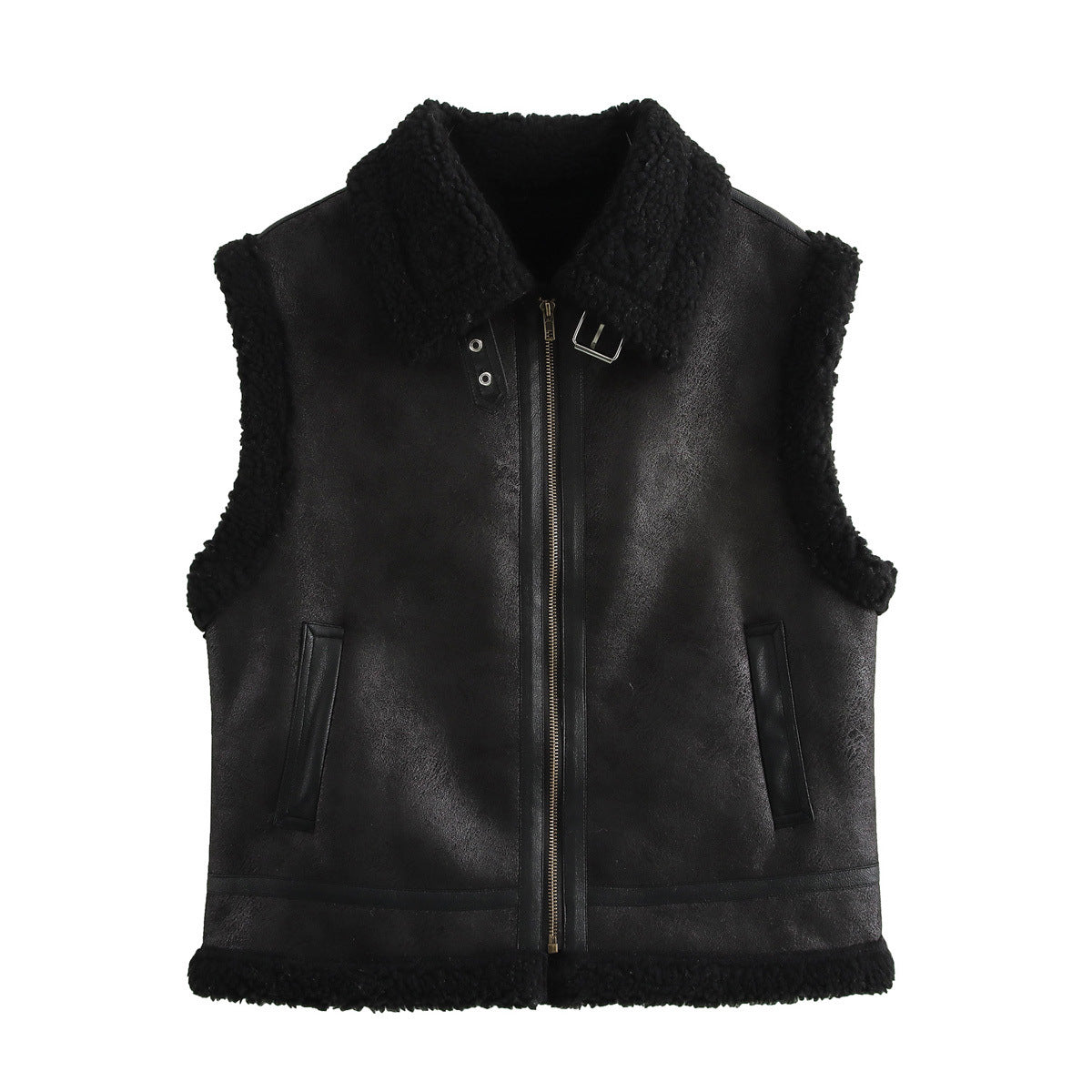 Vera | Faux Leather Sherpa Vest Brown Cream Sleeveless Zip Up