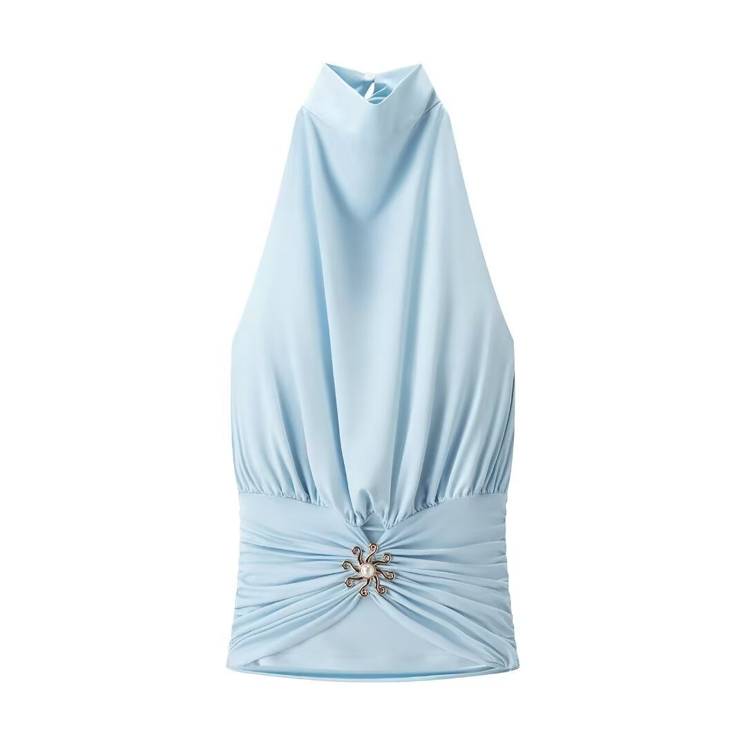 Jules | Elegant Halter Neck Top Cream Ruched High Neck Sleeveless