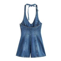 Nell | Deep V Halter Neck Contoured Panel Fitted Denim Shorts Romper in Blue