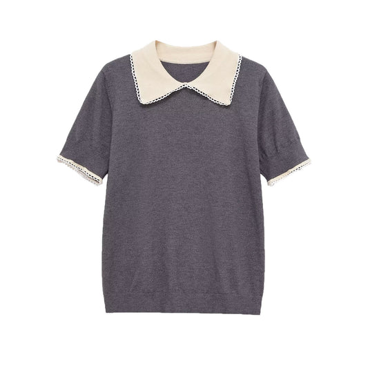 Millie | Charming Knit Short Sleeve Scallop Collar Top