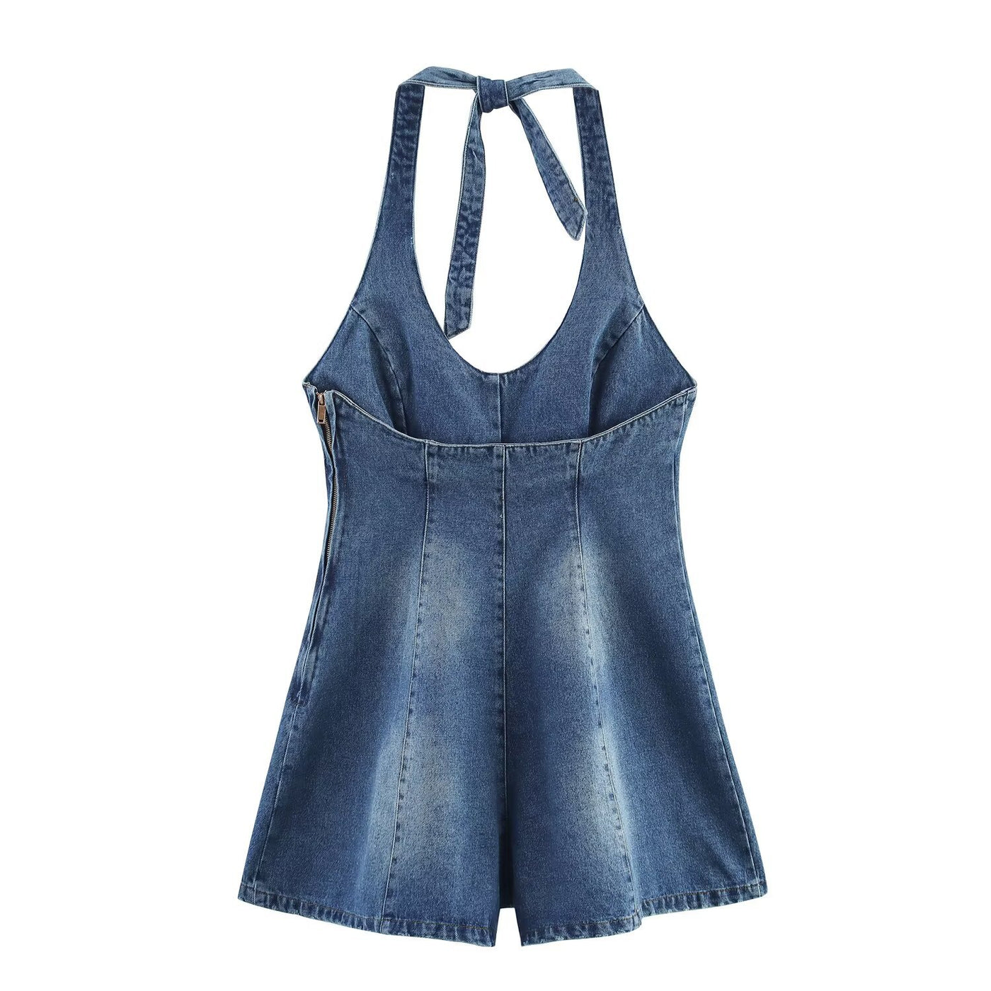 Skye | Halter Denim Romper in Blue