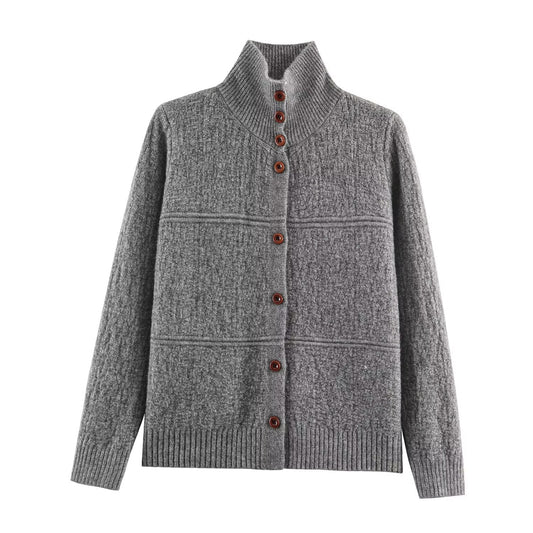 Maren | Autumn Knitted Cardigan Green Long Sleeve Button Front High Neck