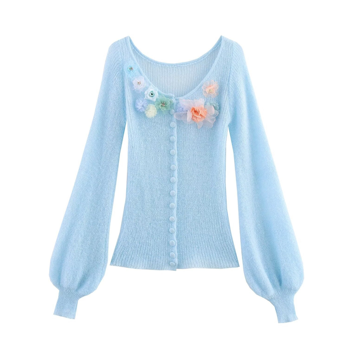 Maisie | Floral Embellishment Balloon Sleeve Scoop Neck Button Front Knit Cardigan