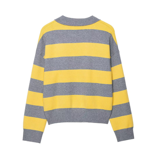 Ella | Yellow Stylish Striped Knit Polo Jumper