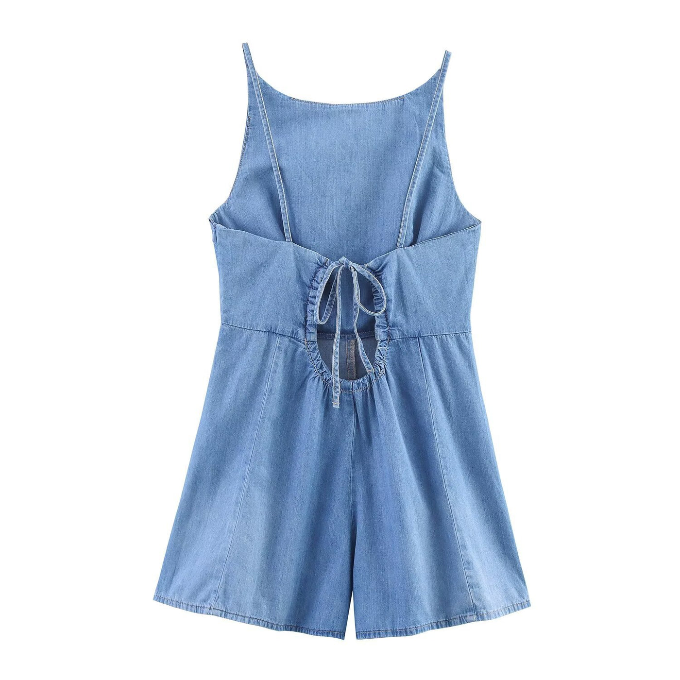 Allegra | Square Neck Spaghetti Strap Princess Seam Fitted Light Wash Denim Romper