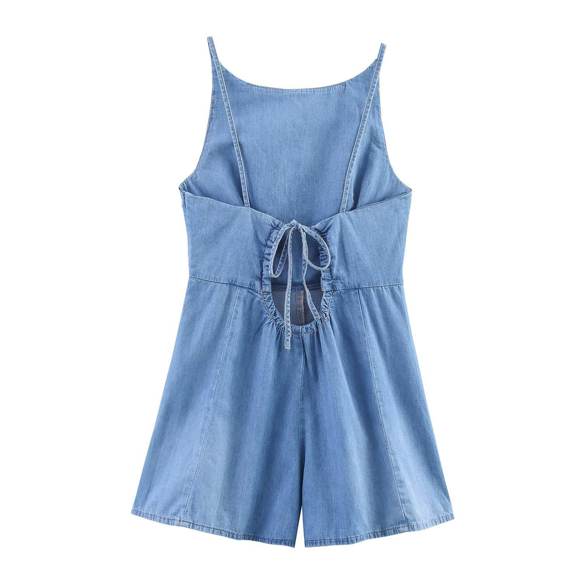 Allegra | Square Neck Spaghetti Strap Princess Seam Fitted Light Wash Denim Romper