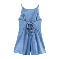 Allegra | Square Neck Spaghetti Strap Princess Seam Fitted Light Wash Denim Romper