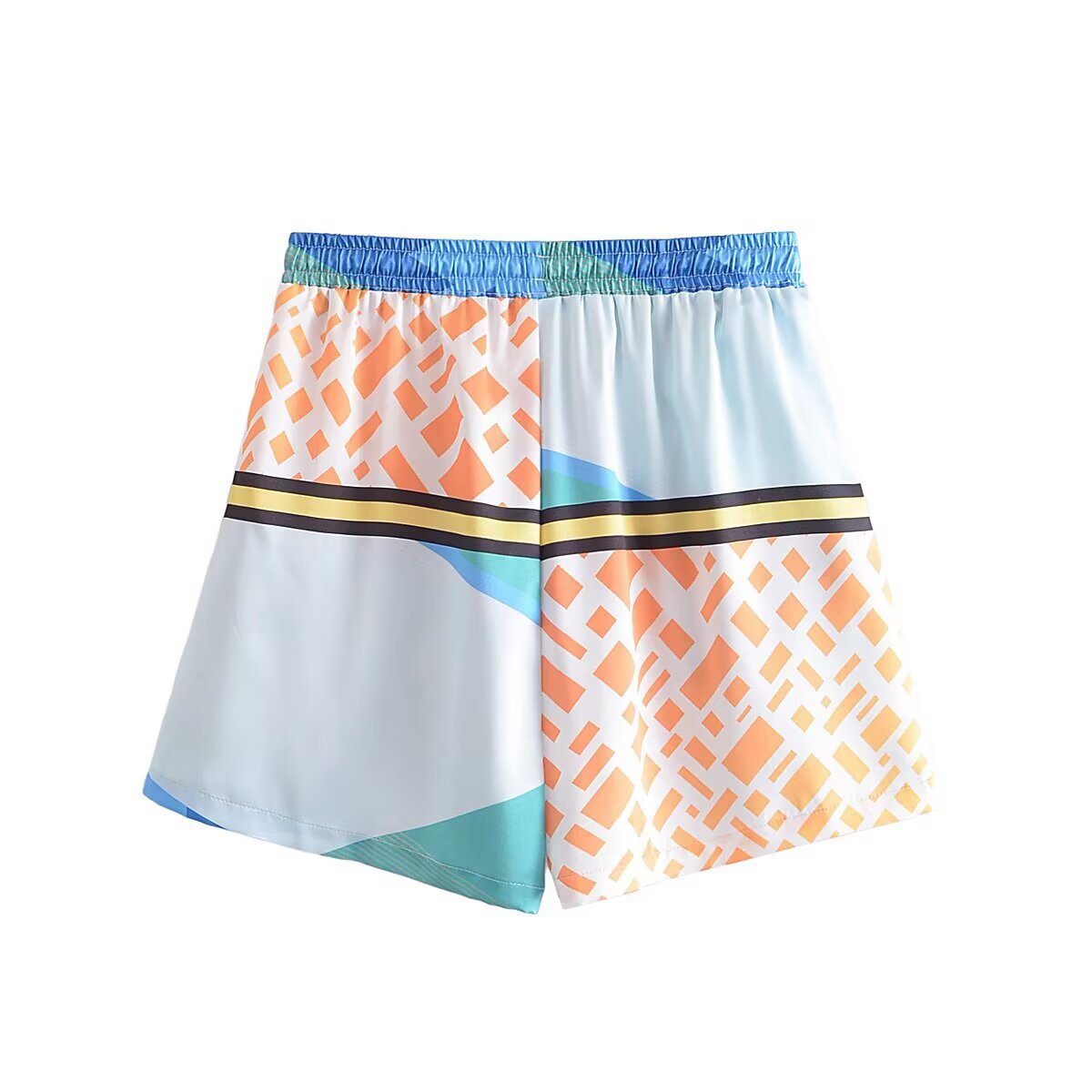 Ivy | Summer Satin Shorts Light Blue Orange Geometric Print Drawstring
