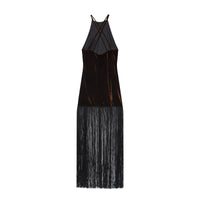 Darcy | Velvet Fringe Halter Neck Maxi Dress