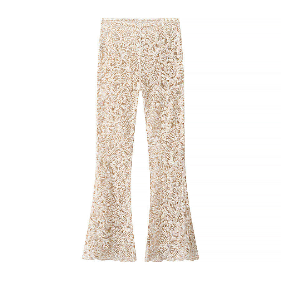 Freya | Open-Weave Crochet Knit Flared Trousers with Elasticated Waist