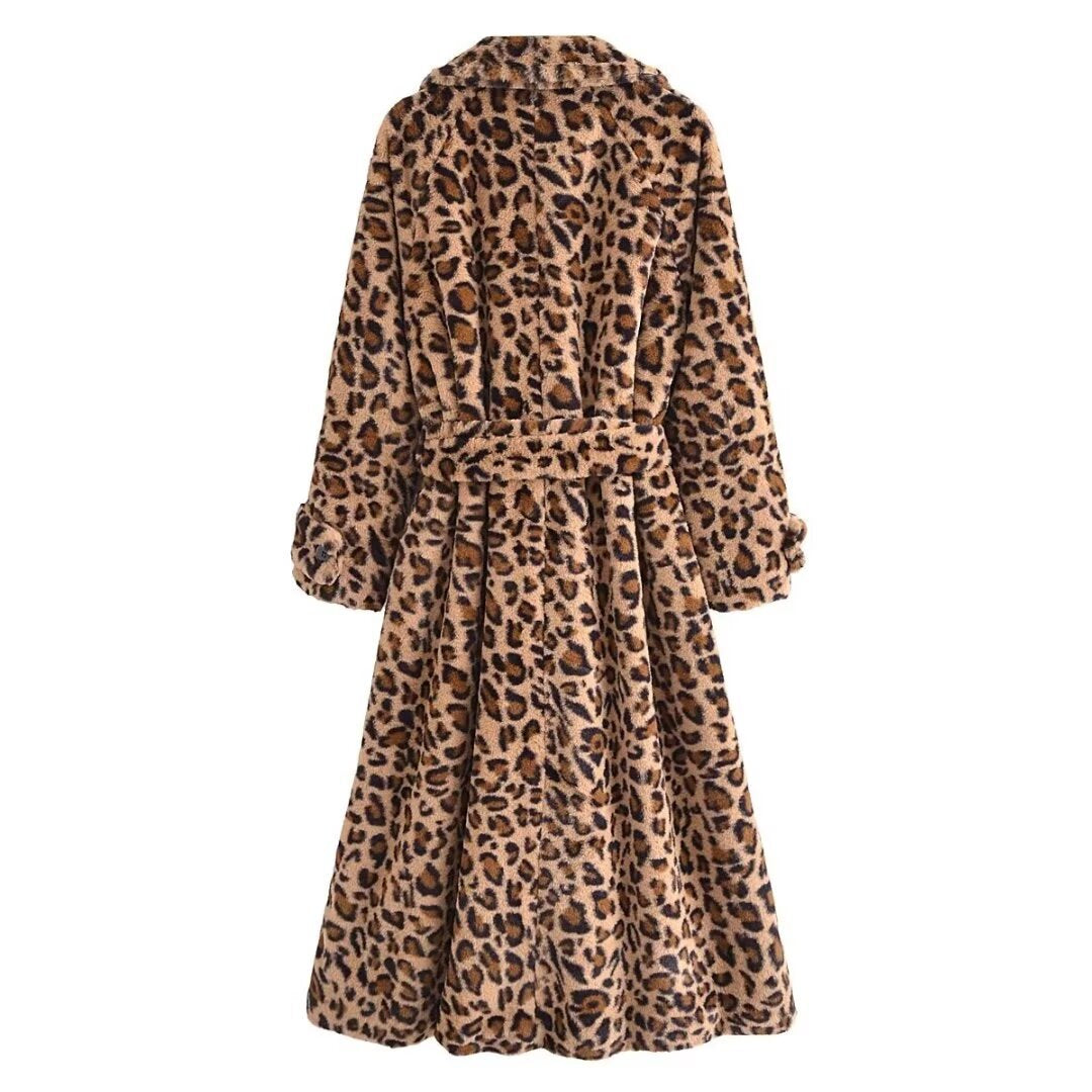 Alma | Winter Long Faux Fur Leopard Print Coat Brown Fluffy