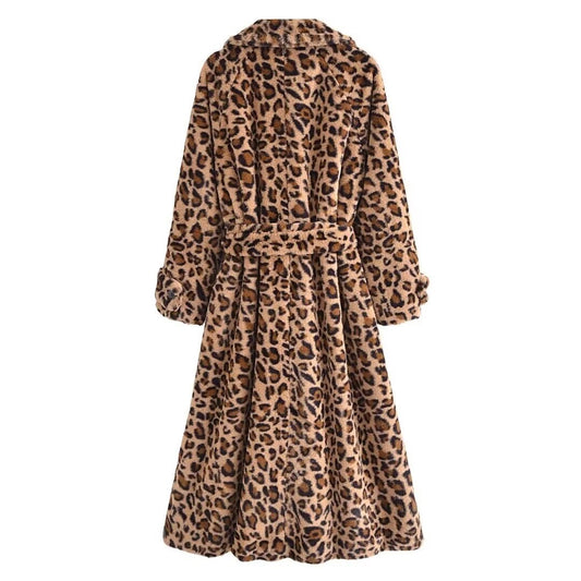 Alma | Winter Long Faux Fur Leopard Print Coat Brown Fluffy