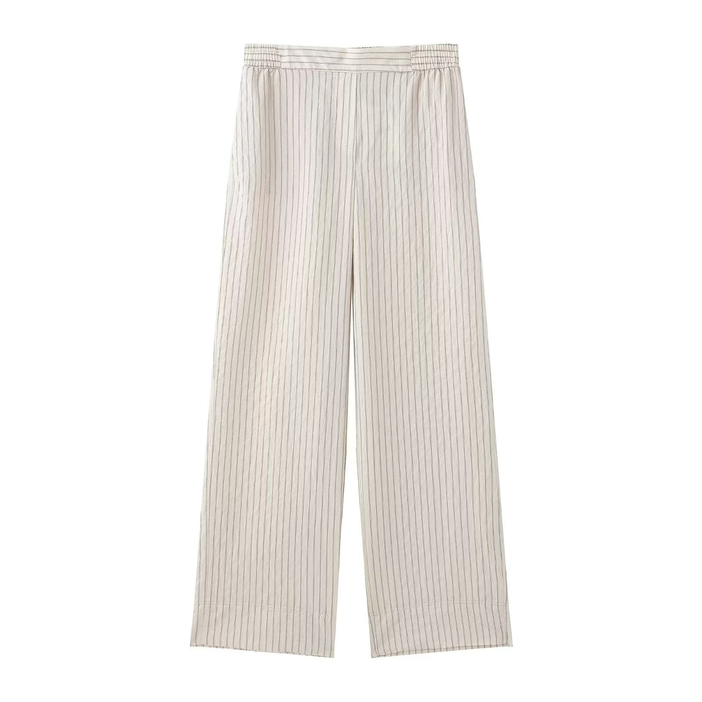 Grace | Pinstripe Wide-Leg Linen Trousers with Flat Front and Elasticated Back