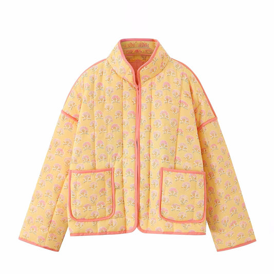 Greta | Quilted Jacket Yellow Floral Print Zip Up Lightweight