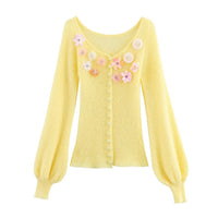 Maisie | Floral Embellishment Balloon Sleeve Scoop Neck Button Front Knit Cardigan