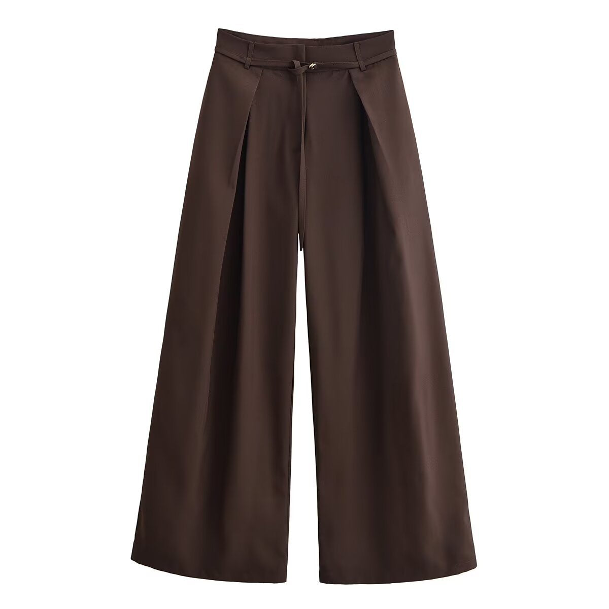 Yasmin | Tie-Front Double Pleat Wide-Leg Linen Trousers in Brown
