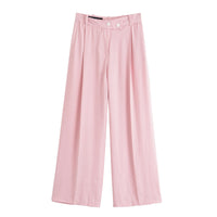 Martha | High-Waist Double Button Pleated Wide-Leg Linen Trousers in Pink