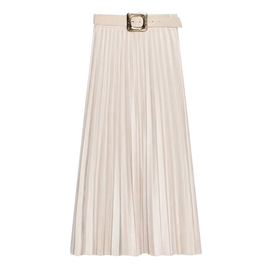 Gemma | Elegant Pleated Midi Skirt Cream Belted
