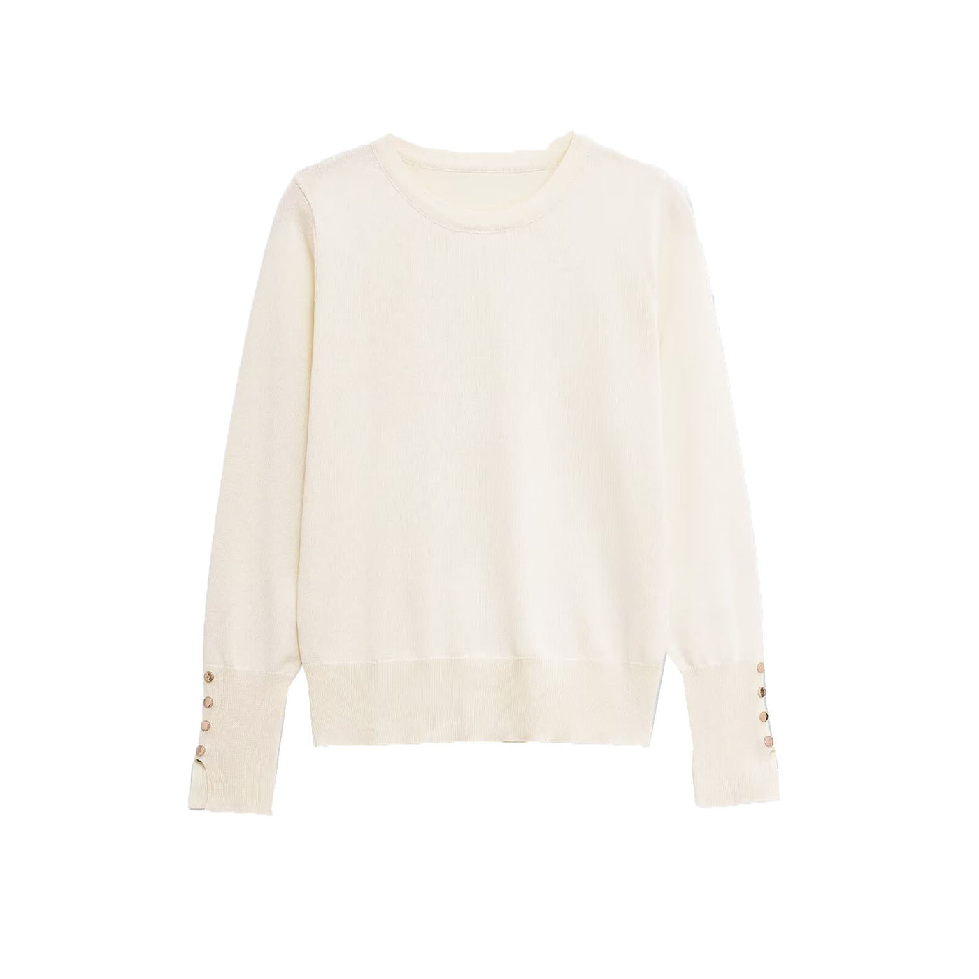 Bella | Gold Button Cuff Crew Neck Long Sleeve Fitted Lightweight Knit Top