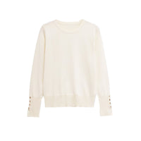 Bella | Gold Button Cuff Crew Neck Long Sleeve Fitted Lightweight Knit Top