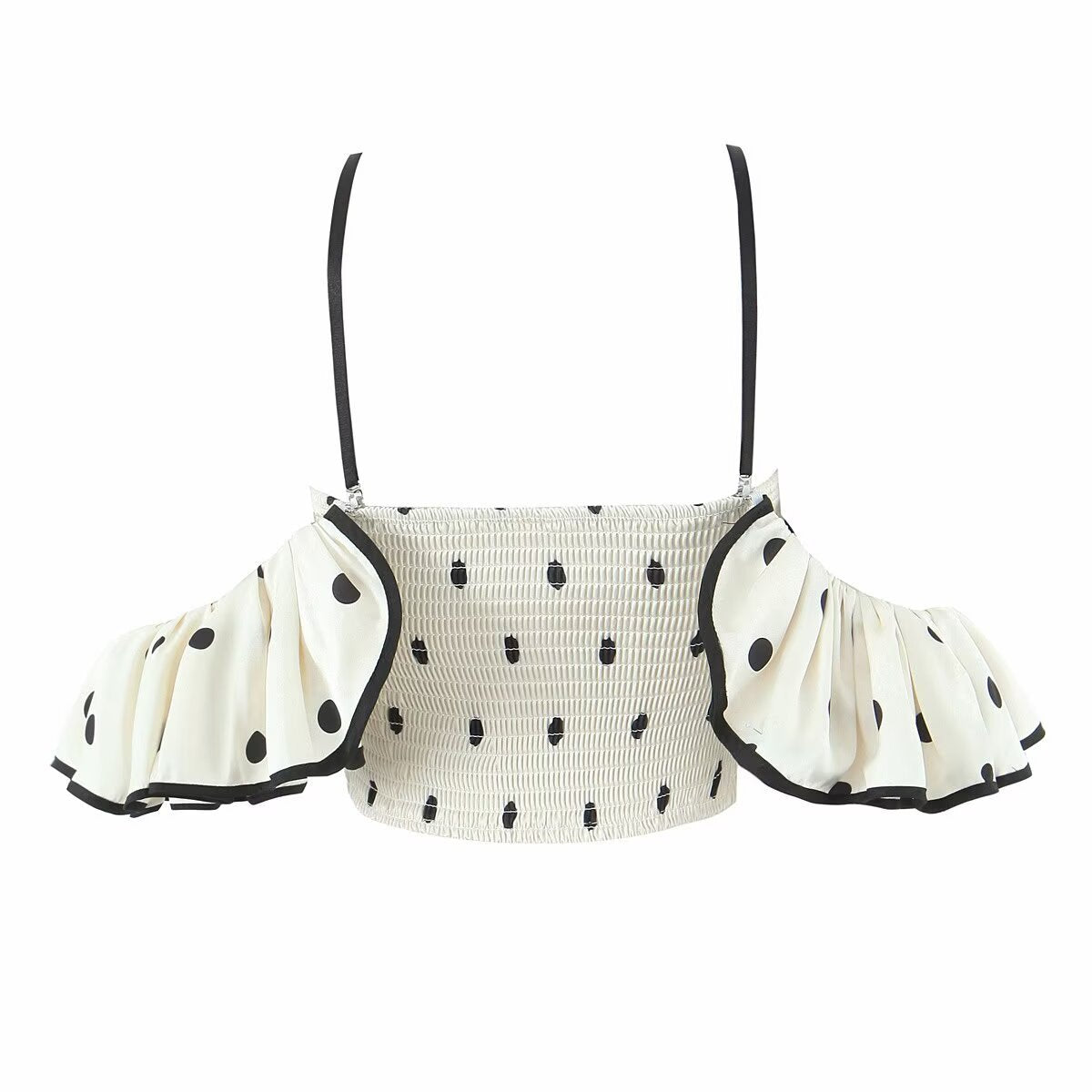 Celeste | Off Shoulder Top Black Satin Crop Polka Dot Ruched