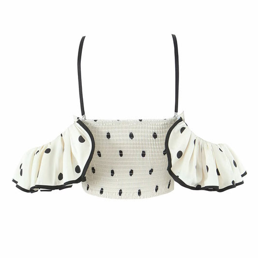 Celeste | Off Shoulder Top Black Satin Crop Polka Dot Ruched