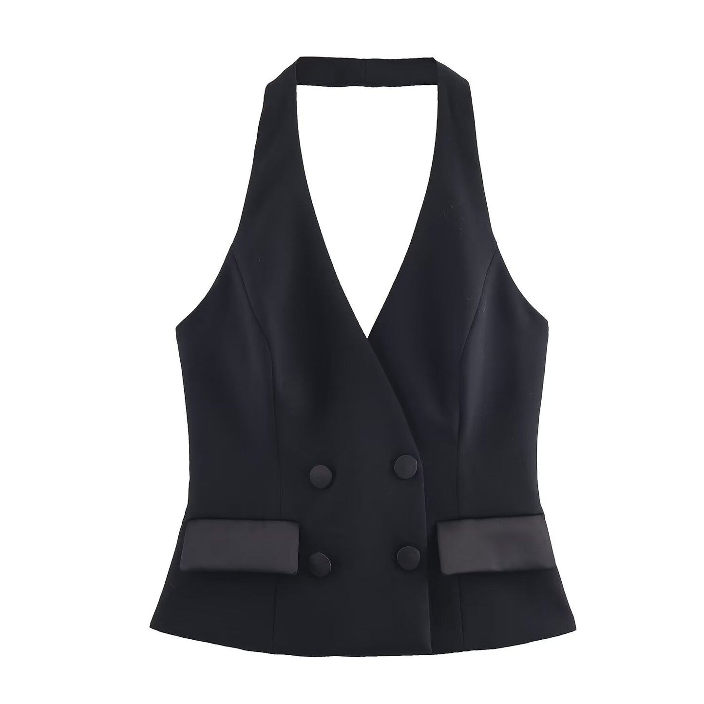 Viola | Elegant Halter Neck Top Black Double Breasted Sleeveless