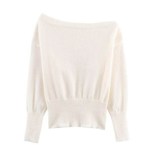 Maren | Elegant Off Shoulder Sweater Cream Knitted Long Sleeve