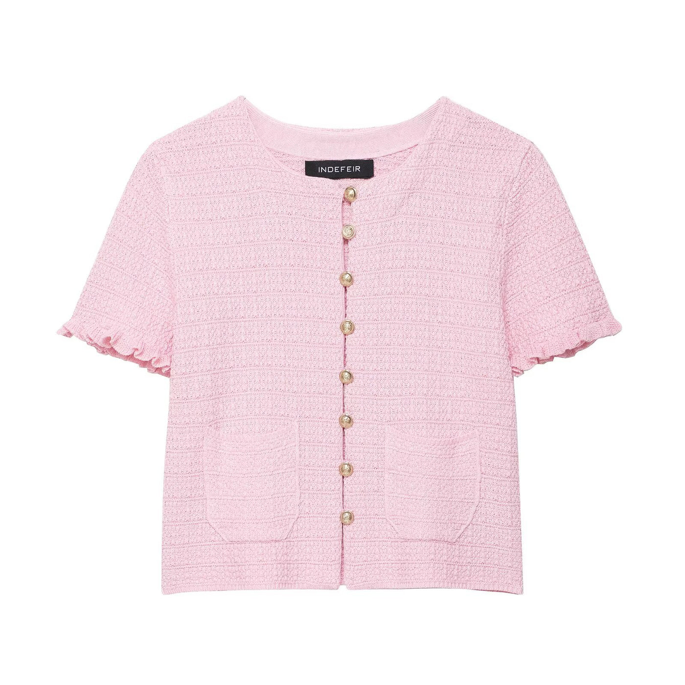 Anna | Pearl Button Frilled Sleeve Front Pocket Cropped Knit Top