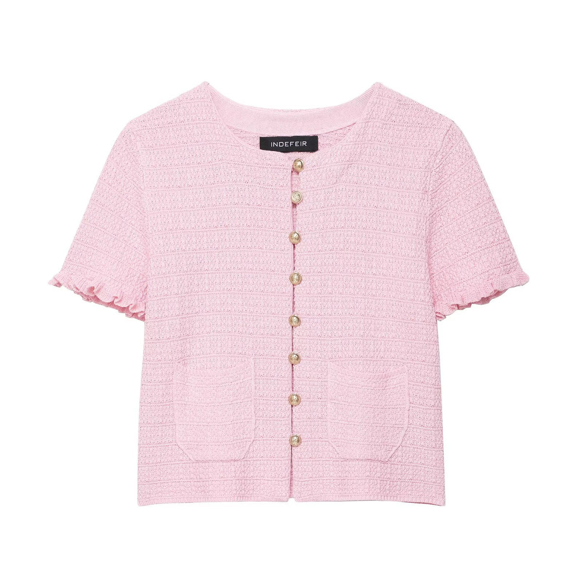 Anna | Pearl Button Frilled Sleeve Front Pocket Cropped Knit Top