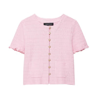 Anna | Pearl Button Frilled Sleeve Front Pocket Cropped Knit Top