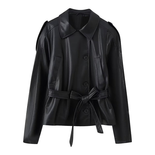 Zoe | Faux Leather Belted Jacket Black Button Down