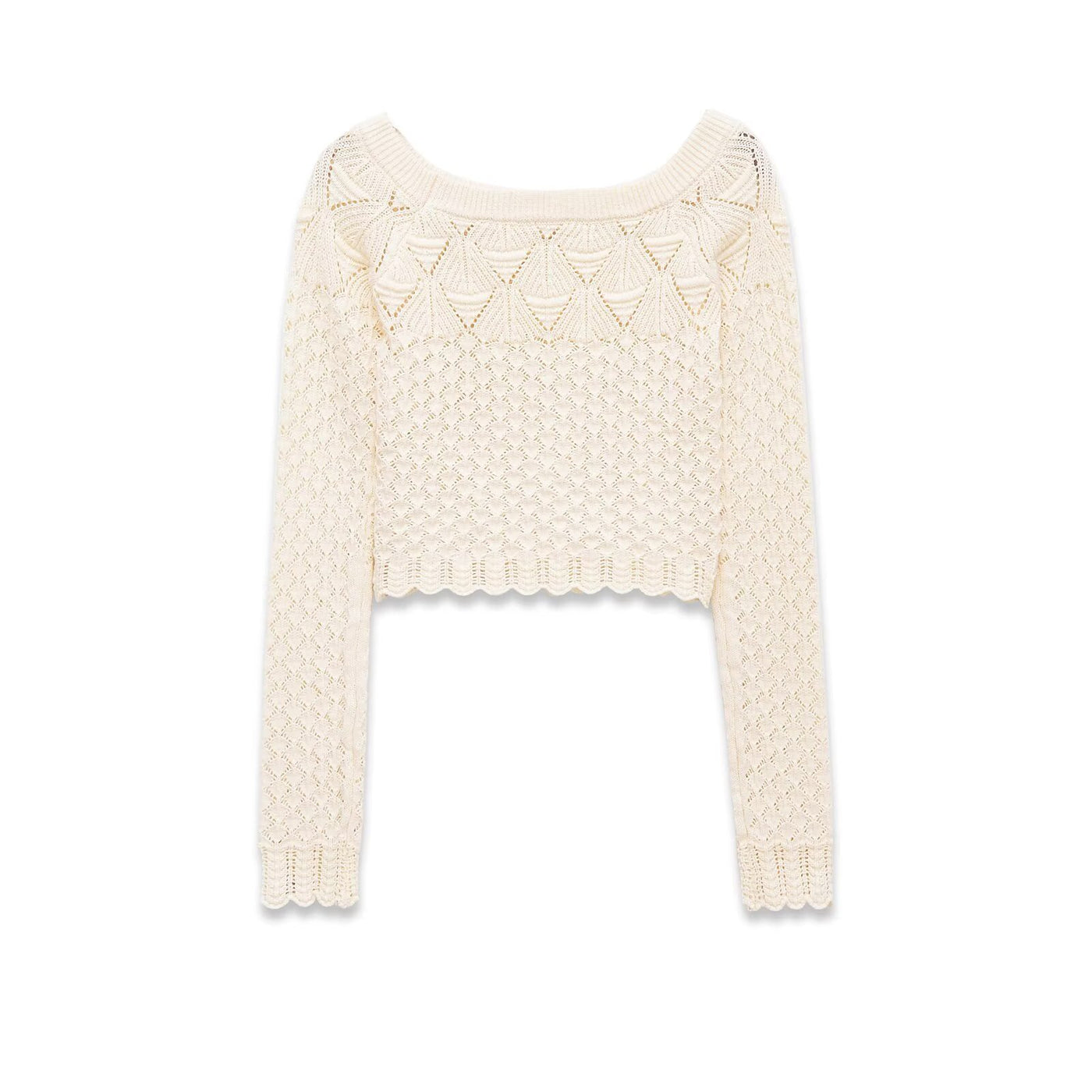 Freya | Wide Boat Neck Scallop Trim Open Crochet Crop Top