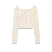 Freya | Wide Boat Neck Scallop Trim Open Crochet Crop Top