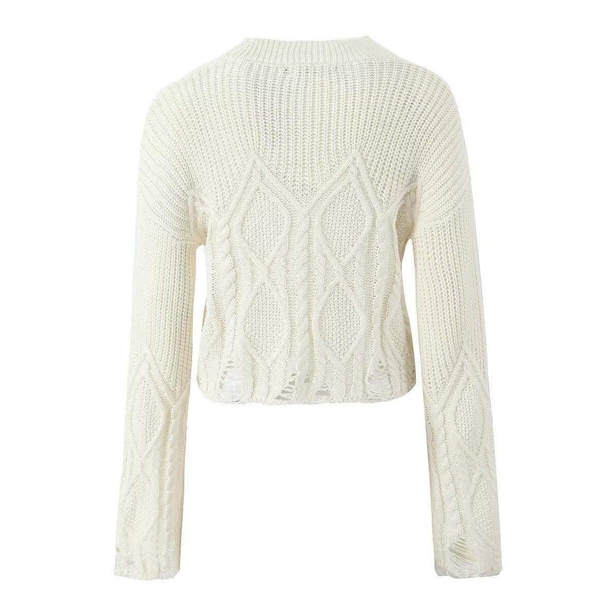 Mira | Casual Distressed Cable Knit Sweater Cream Long Sleeve