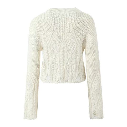 Mira | Casual Distressed Cable Knit Sweater Cream Long Sleeve