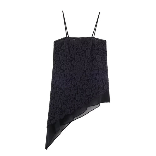 Viola | Elegant Asymmetric Lace Top Black Cami Sleeveless Square Neck