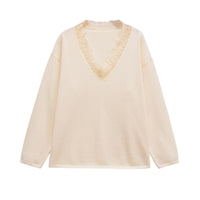 Niamh | V-Neck Lace Trim Long Sleeve Soft Knit Top