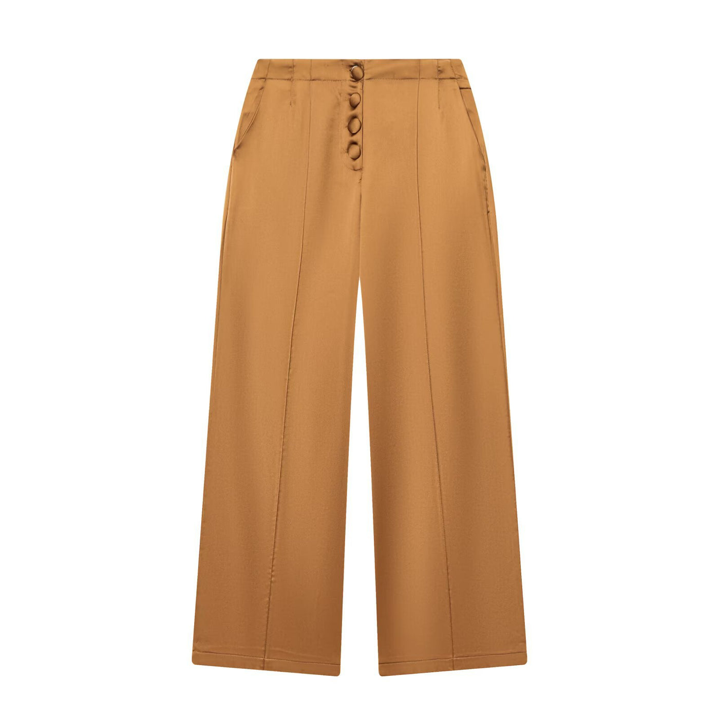 Isla | High-Waist Button-Front Vertical Seam Wide-Leg Satin Trousers in Camel