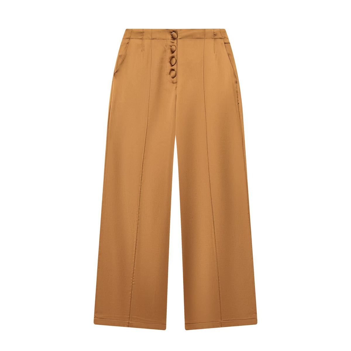 Isla | High-Waist Button-Front Vertical Seam Wide-Leg Satin Trousers in Camel