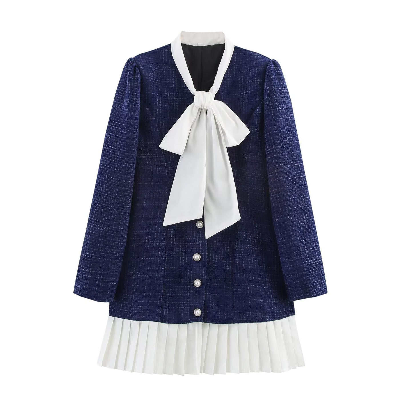 Seren | Pussy-Bow Neck Bouclé Knit Bodice Pearl Button Pleated Skirt Mini Dress